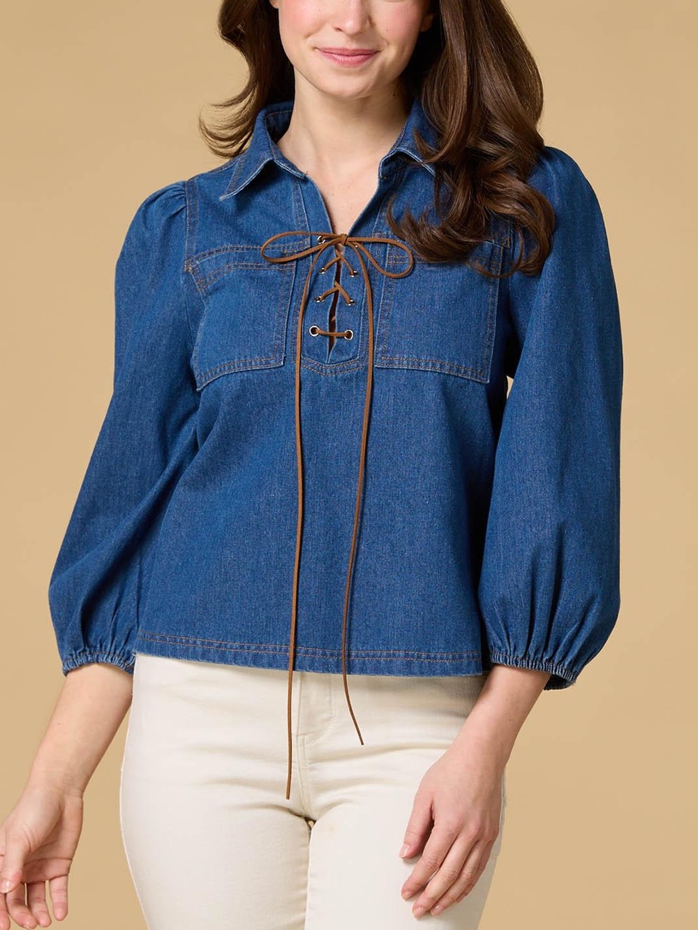 Polagram Indigo Lace-Up Denim Peasant Blouse
